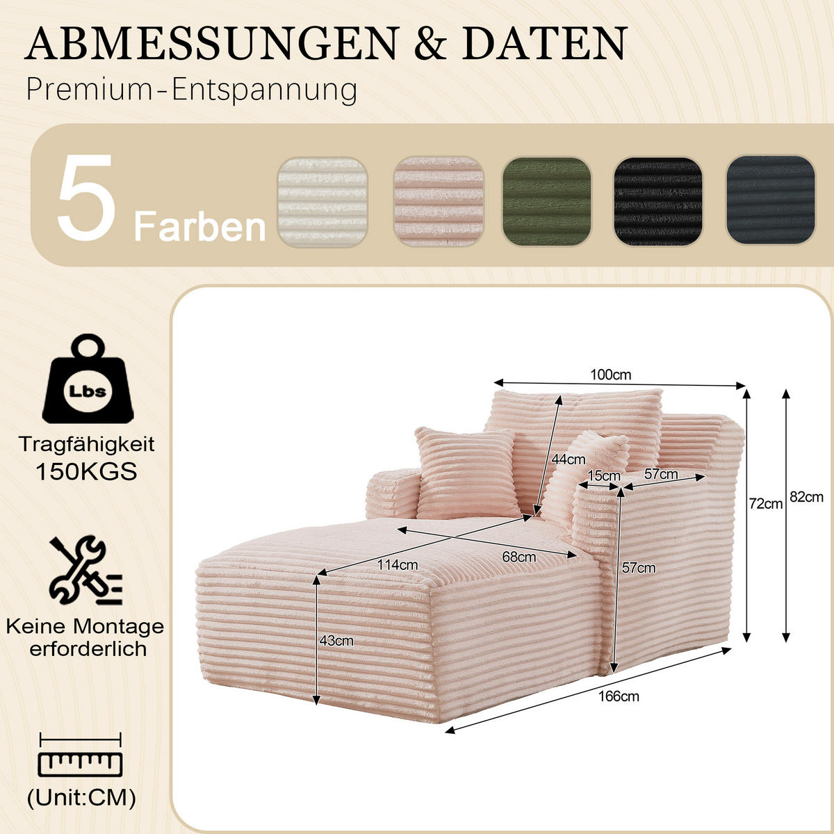 CHAISELONGUE aus Cord, ohne Montage - Pink, Textil (166/82/100cm) - Urban Meuble