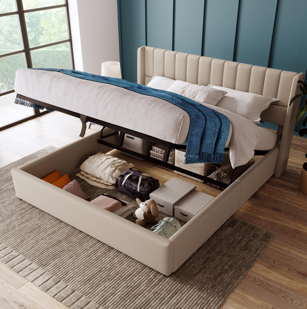 POLSTERBETT 140/200 cm Beige mit hydraulischem Stauraum und Lattenrost Mit Matratze - Beige, Textil (140/200cm) - OKWISH