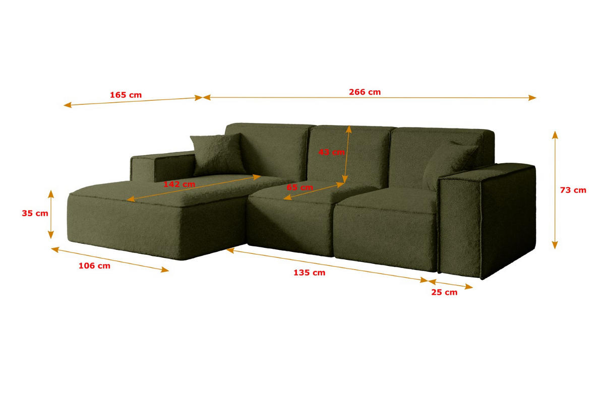 ECKSOFA Ottomane Links SERRA-L - 266x165x73 cm Grün Bouclé - Schwarz/Grün, Holzwerkstoff/Kunststoff (165/266cm) - ALTDECOR