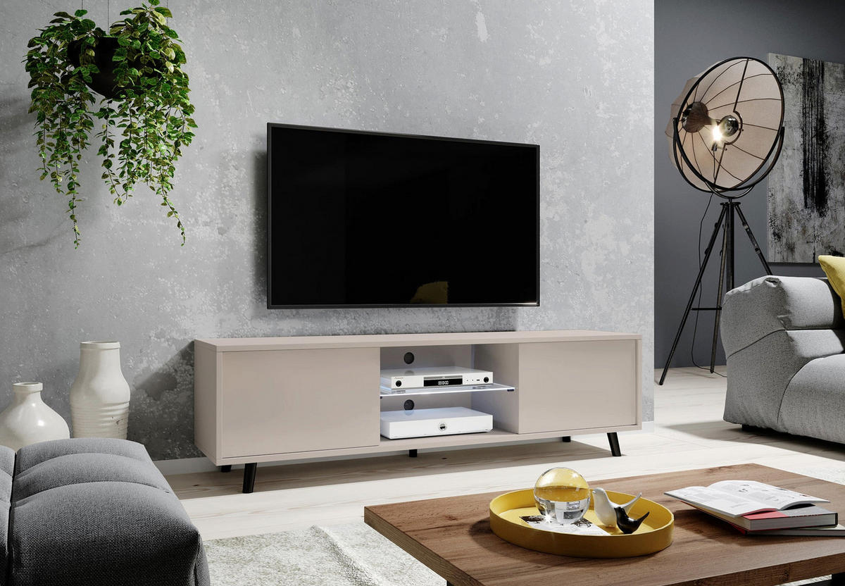 TV stolek LEFYR šedobéžový s LED a přihrádkami 140 cm - černá/šedohnědá, kompozitní dřevo (140/30/31.3cm) - Selsey