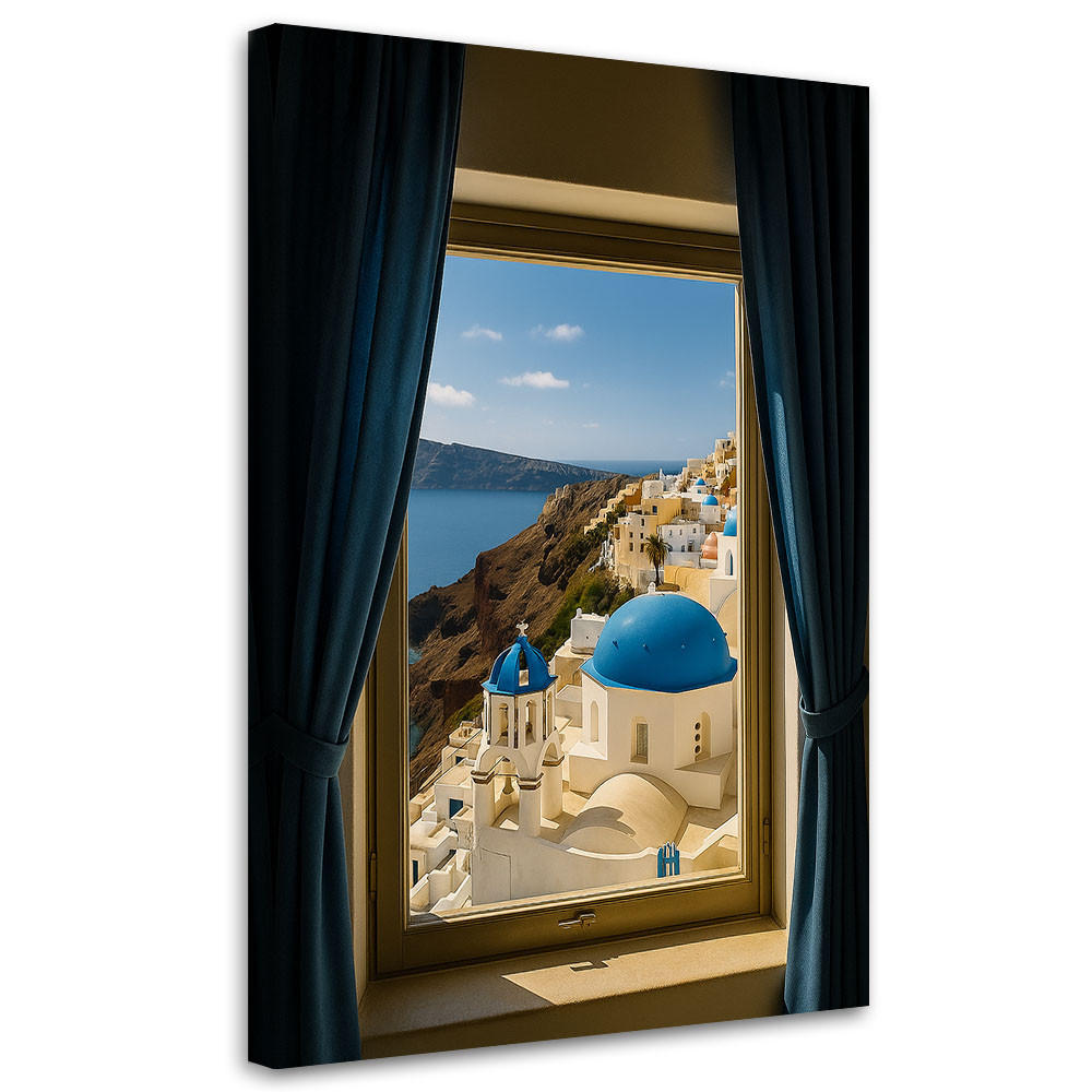 LEINWANDBILD Blick aus einem Fenster auf Santorini Griechenland 80x120cm - Blau, Textil (80/120cm) - Feeby