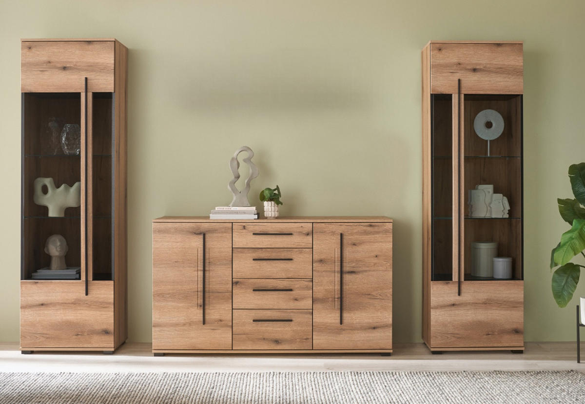 SIDEBOARD Eiche Evoke, Kommode 150 cm mit Soft-Close - Eichefarben/Schwarz, Holzwerkstoff/Kunststoff (150/86/42cm) - Furn.Design