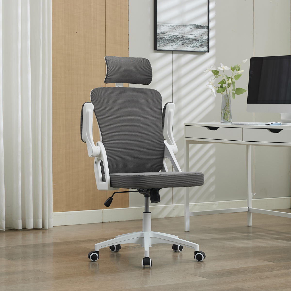 DREHSTÜHLE ergonomisch Netz Lendenstütze Kopfstütze Schwarz - Grau, Metall (65/108/58cm) - SHOPENTRA