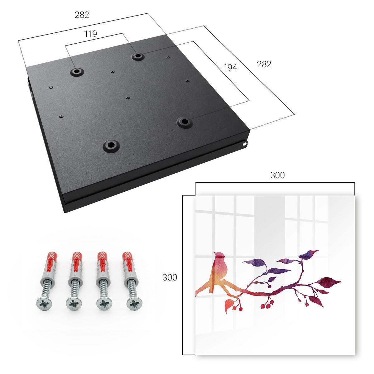 SCHLÜSSELBOX Schwarz 30x30 cm- Türöffnung nach rechts - Ein Ast mit einem Vogel - Rot, Metall (30/30/5cm) - TULUP