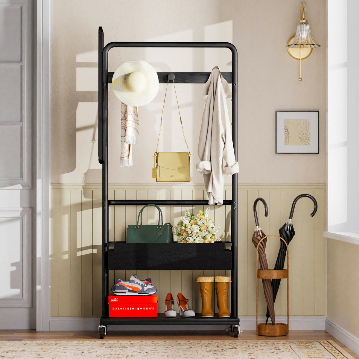 STANDGARDEROBE 70/40/170 cm mit Spiegel, Kleiderstange und Schuhablage in Schwarz - Schwarz, Holzwerkstoff (70/170/40cm) - BEAOK