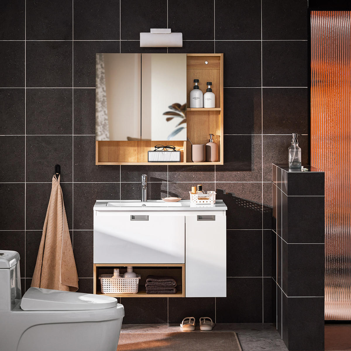 SPIEGELSCHRANK Natur - Braun, Glas/Holzwerkstoff (80/70/13cm) - SoBuy