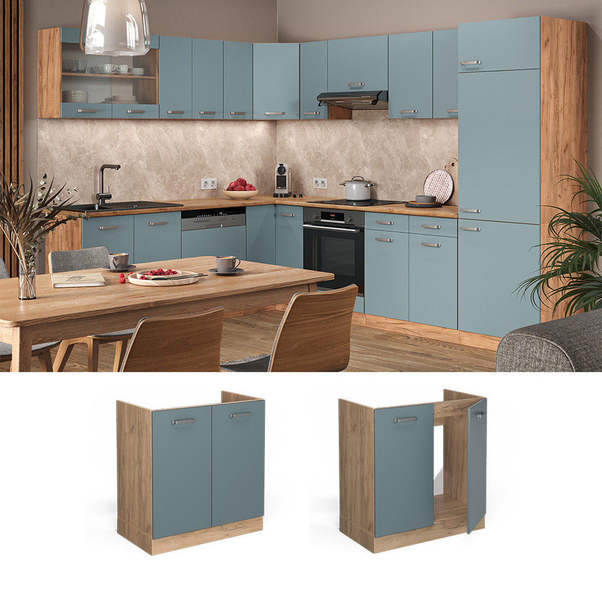 SPÜLENUNTERSCHRANK R-Line Blau-Grau 80 cm, AP Anthrazit - Eiche Wotan/Blaugrau, Holzwerkstoff (80/81.6/60cm) - Vicco