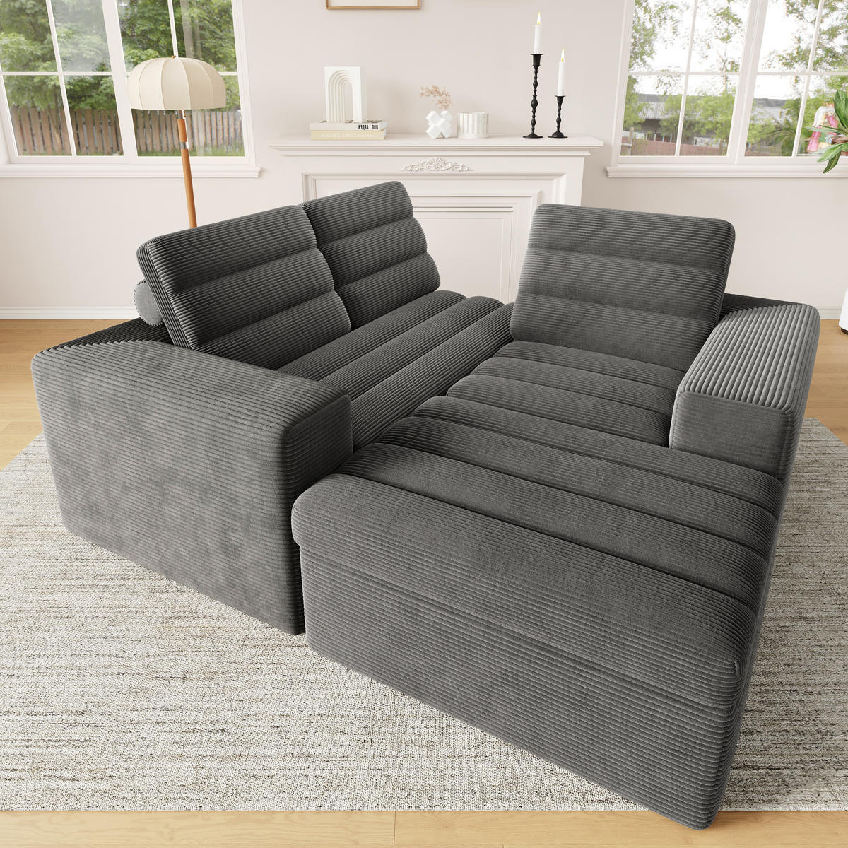 ECKSOFA 253/161/89 cm Dunkelgrau mit 1 Fußhocker - Dunkelgrau, Textil (253/161cm) - Oxeza