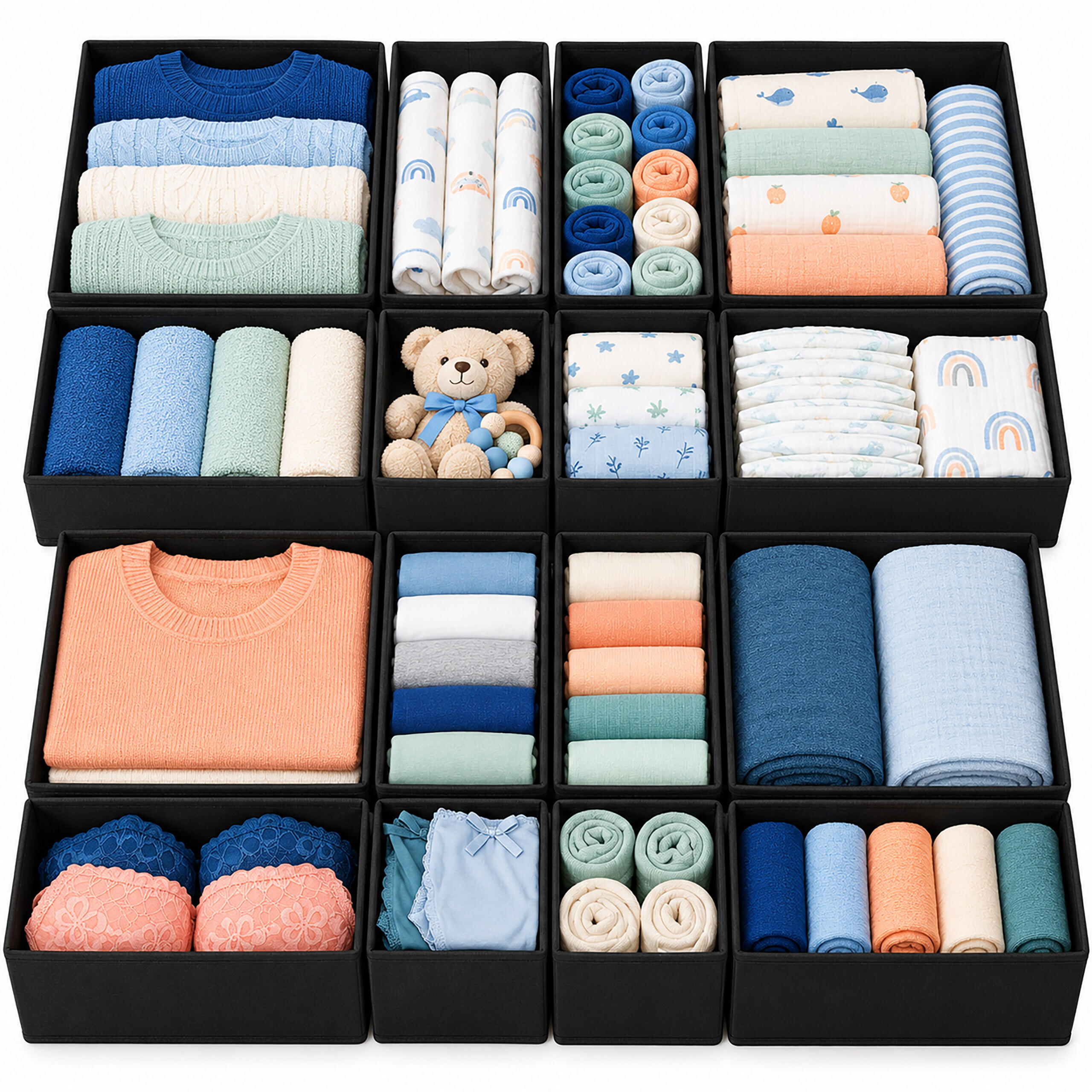 SCHUBLADENORGANIZER Schwarz 16er-Set Vliesstoff - Schwarz, Papier/Textil (28/12/28cm) - Relaxdays