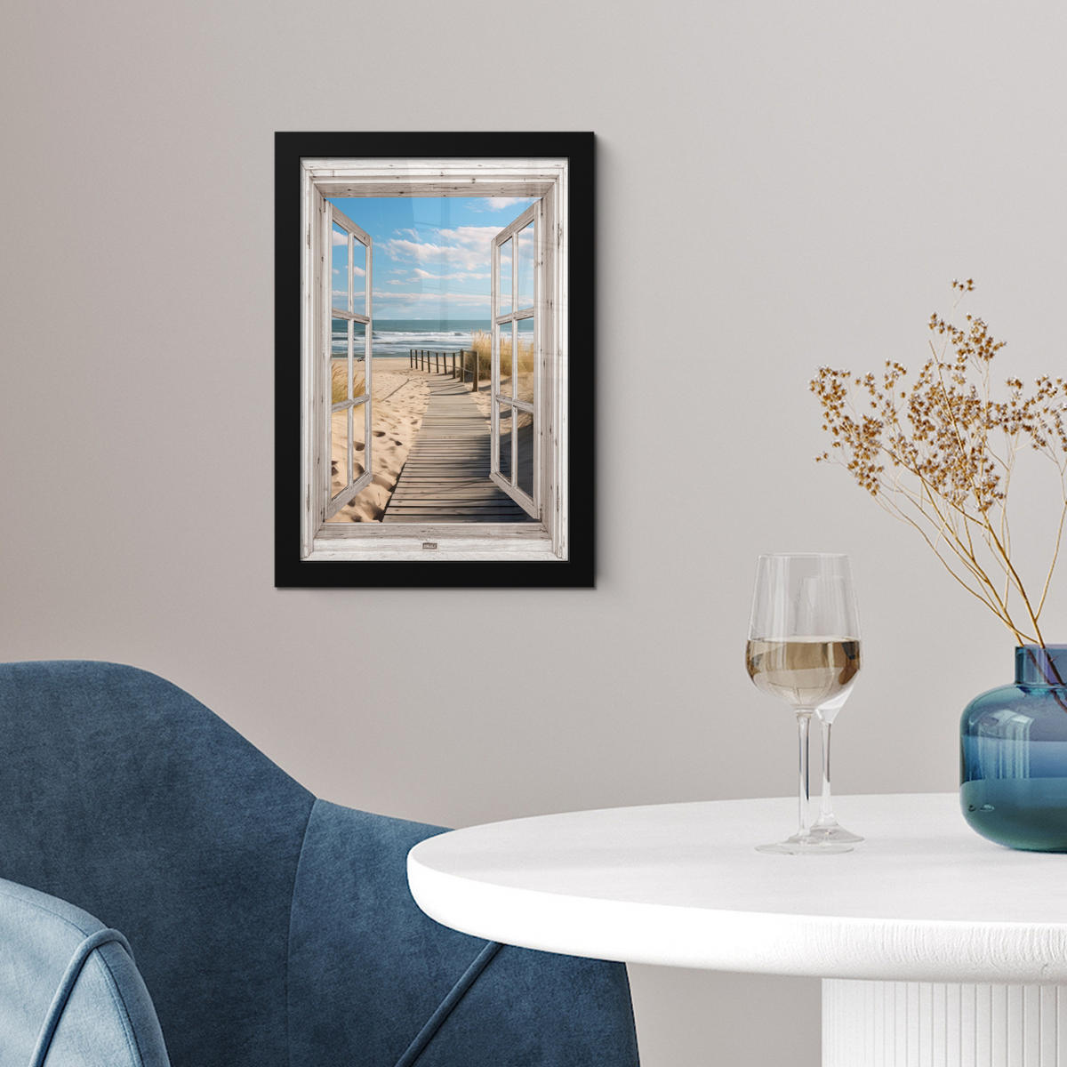GERAHMTES BILD Fenster - Meer - Küste - Natur - Ausblick - Strand - Wattenmeer 20x30 cm - Beige, Papier (20/30cm) - MuchoWow
