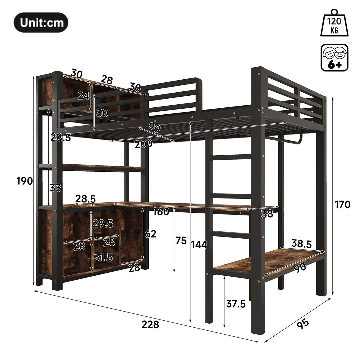 HOCHBETT 90/200 cm Schwarz, mit Tisch, Kleiderständer, Regalen und Staufächern - Schwarz, Metall