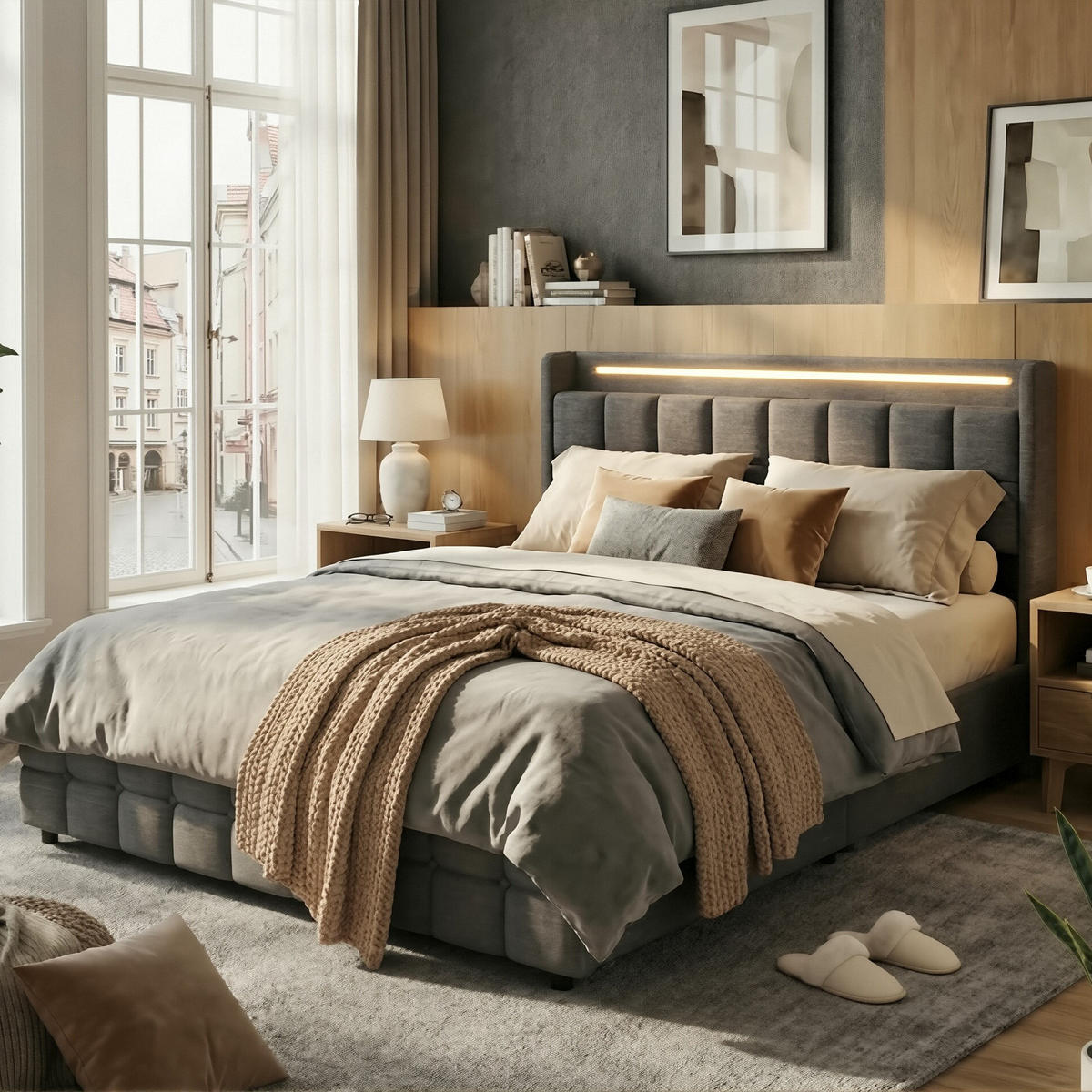 POLSTERBETT Geometrisch 160/200 cm mit 4 Schubladen & LED Leinenoptik Grau - Grau, Textil (160/200cm) - Creahappy