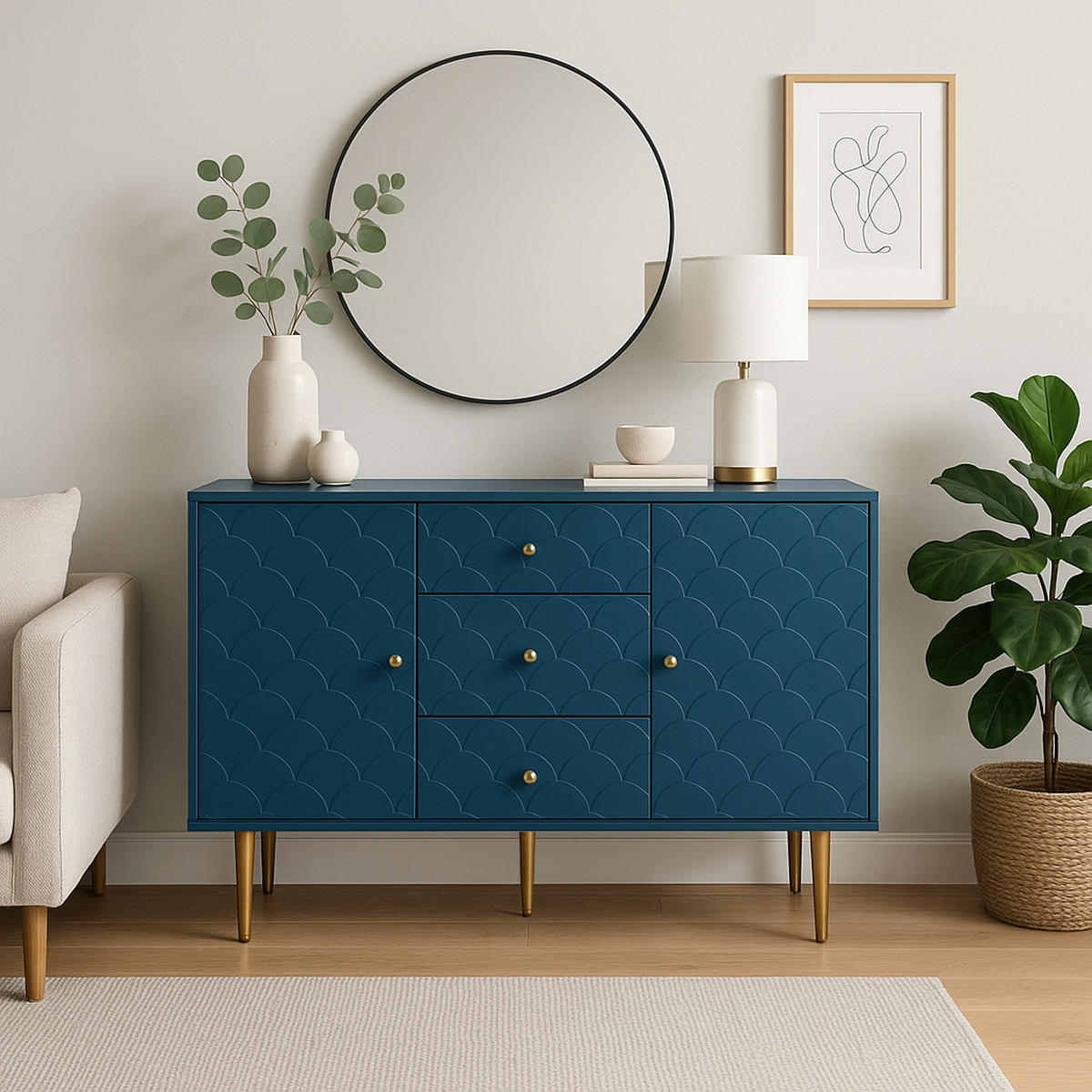 SIDEBOARD 2 Türen und 3 Schubladen, Verstellbare Ablage Blau 120/40/82CM - Blau, Holzwerkstoff/Metall (40/82/120cm) - Urban Meuble