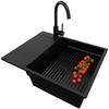 GRANITSPÜLE San Francisco, 2-er set Schwarz 62/50 cm 1 Becken + Küchenarmatur 32/20 cm + Ablauf-Set + Aufrollbare Abtropffläche ab 50er Unterschrank - Schwarz, Kunststoff (62/20/50cm) - Primagran