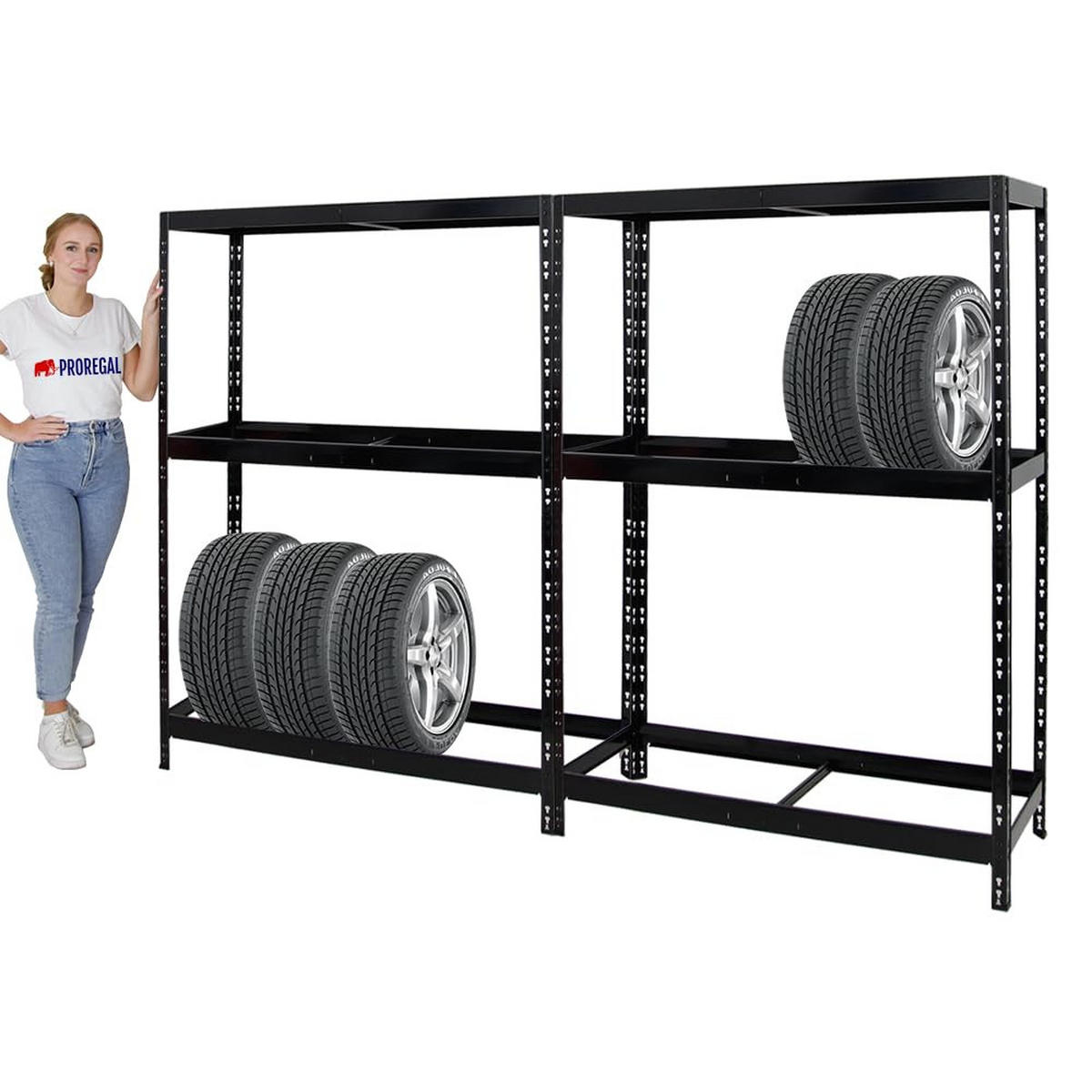 REIFENREGAL Tiger 2er-Set mit 2x 180x130x50 cm bis zu 24 Reifen mit Fachboden Schwarz - Schwarz, Metall (260/180/50cm) - PROREGAL