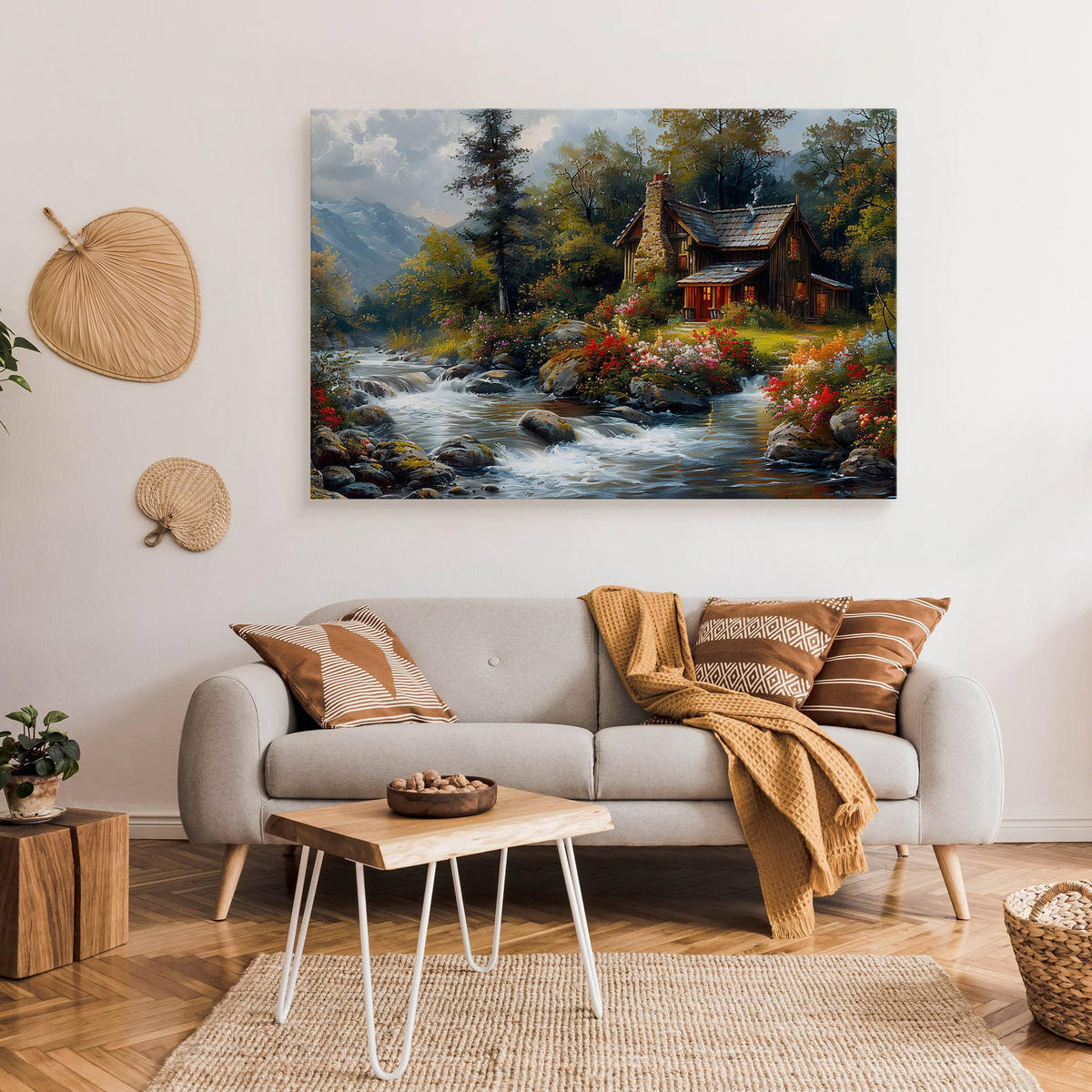 LEINWANDBILD Berghütte Pflanzen Natur Landschaft 90cm x 60cm - Blau/Beige, Textil (90/60cm) - Muralo