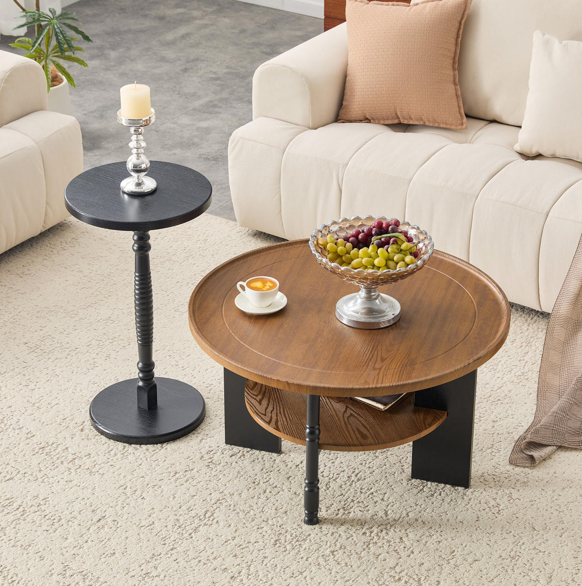 COUCHTISCH-SET Ø 80/38 cm in Nussbaum/Schwarz, 2-teilig, pflegeleichte Oberfläche - Wengefarben, Holzwerkstoff (80/80/47cm) - BEAOK