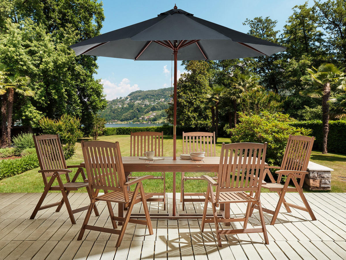 GARTENMÖBEL SET 6-Sitzer mit Sonnenschirm grau Akazienholz dunkelbraun Amantea - Dunkelbraun/Grau, Holz - Beliani