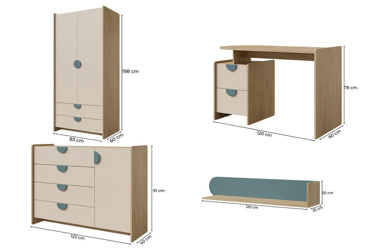 JUGENDZIMMER LEXO A 4-teilig in Eiche Cremona/Macadamia/Meeresblau - Blau/Eichefarben, Holzwerkstoff (326/198/60cm) - Deine Möbel 24
