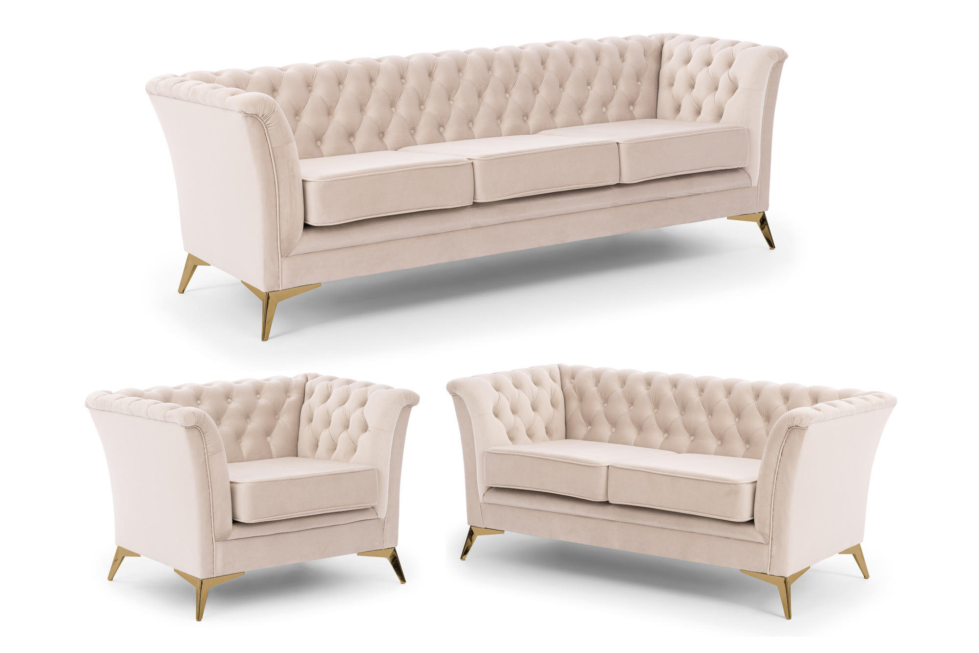 SITZGARNITUR 3+2+1 Chesterfield Whitby Beige Samt mit goldenen Füßen - Beige/Goldfarben, Holz/Textil (237/78/82cm) - S-Style Möbel