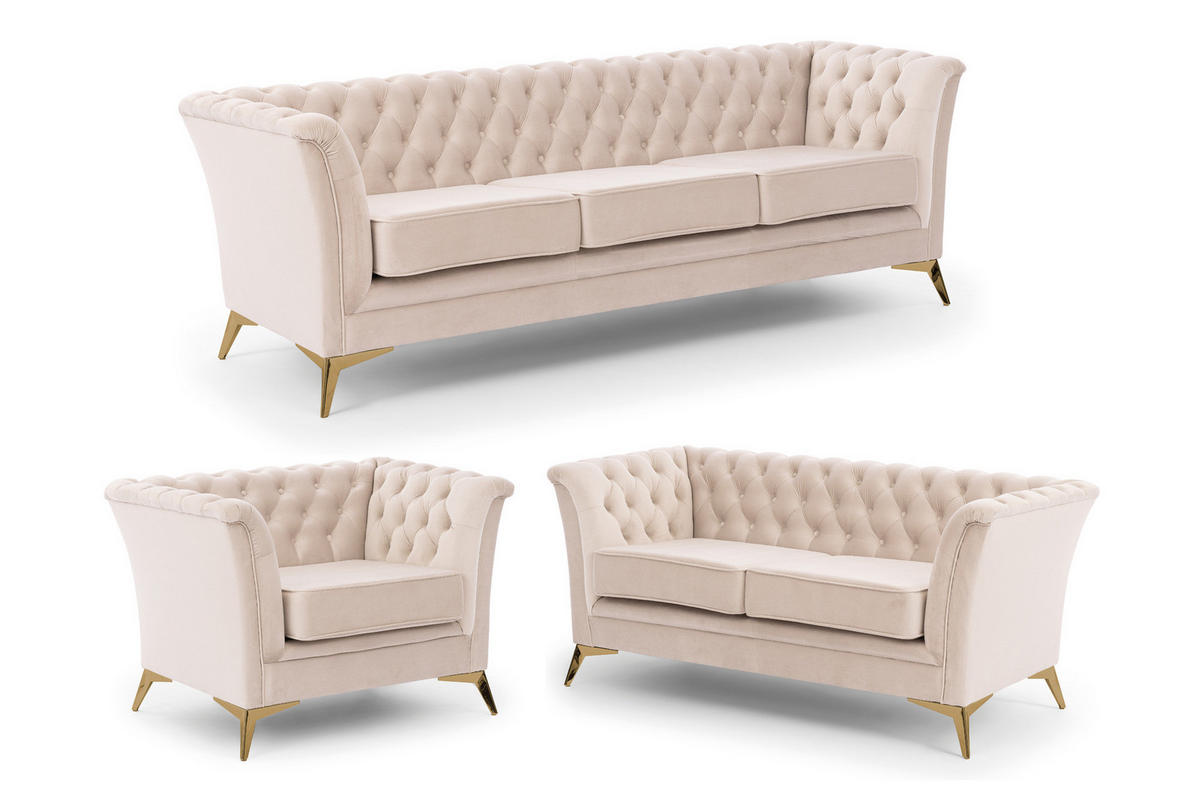SITZGARNITUR 3+2+1 Chesterfield Whitby Beige Samt mit goldenen Füßen - Beige/Goldfarben, Holz/Textil (237/78/82cm) - S-Style Möbel