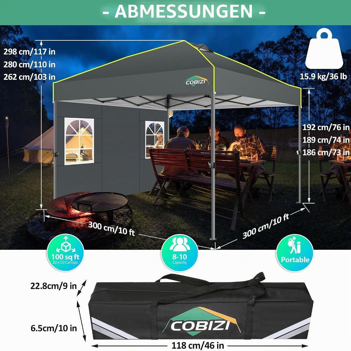 FALTPAVILLON 3x3m Grau Wasserdicht mit Seitenwänden - Grau, Textil (300/298/300cm)