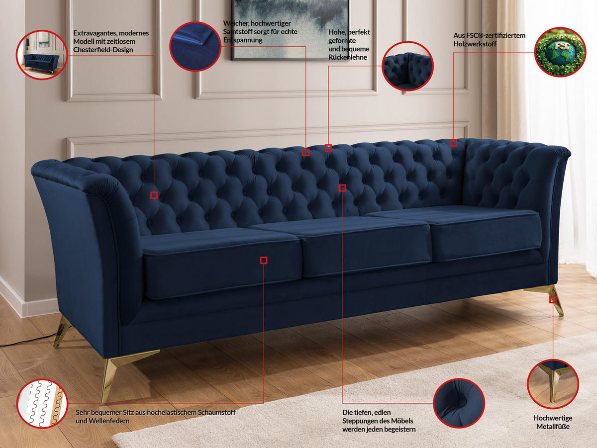 SITZGARNITUR 3+2+1 Chesterfield Whitby Marineblau Samt mit goldenen Füßen - Blau/Goldfarben, Holz/Textil (237/78/82cm) - S-Style Möbel
