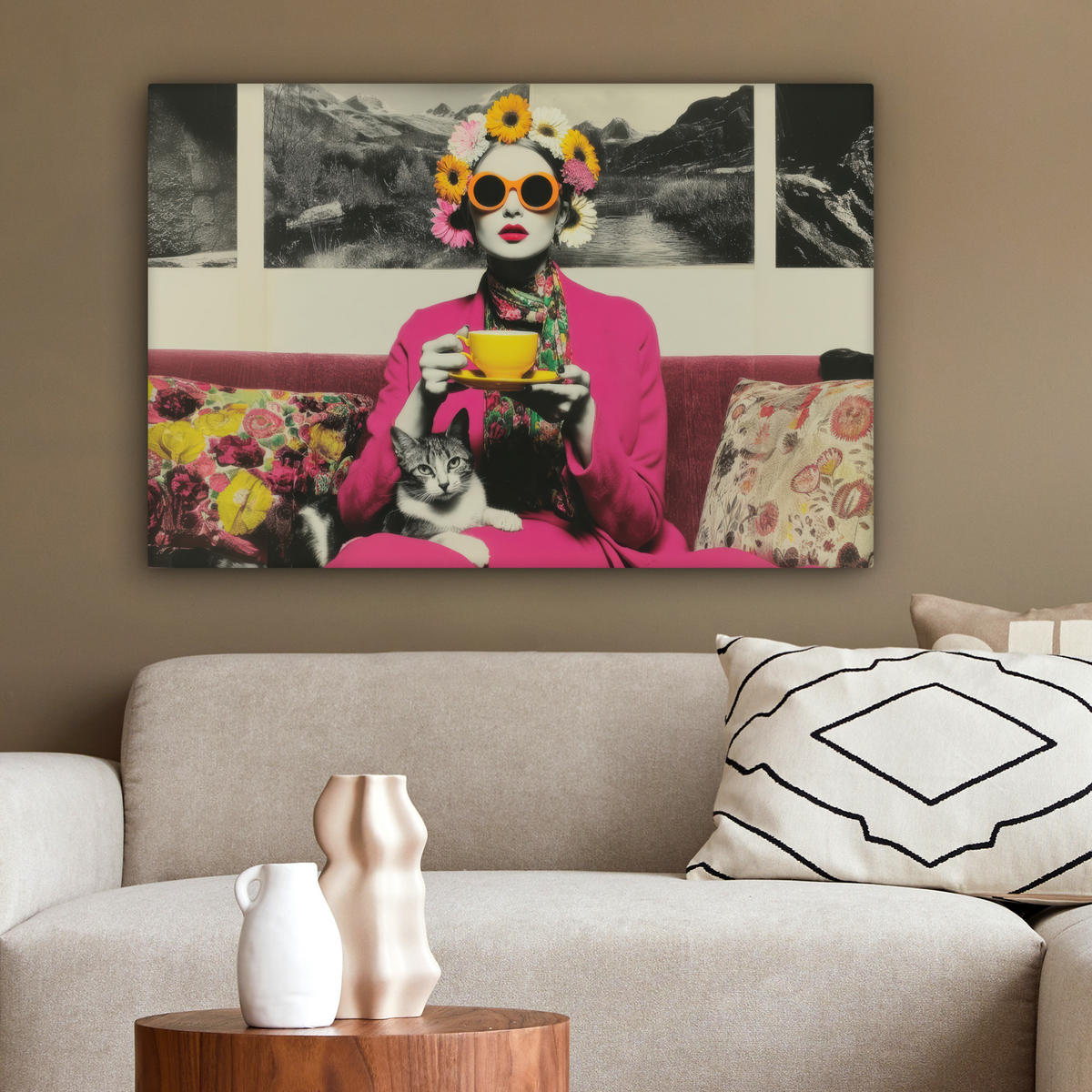 LEINWANDBILD Frau - Katze - Blumen - Tasse - Retro Wanddeko 90x60 cm - Magenta, Textil (90/60cm) - MuchoWow