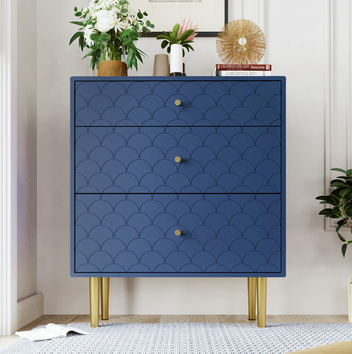 KOMMODE aus Holz und Metall 75x40x89 cm Marineblau mit 3 Schubladen und Fischschuppenmuster - Dunkelblau, Holzwerkstoff (75/89/40cm) - Modfu