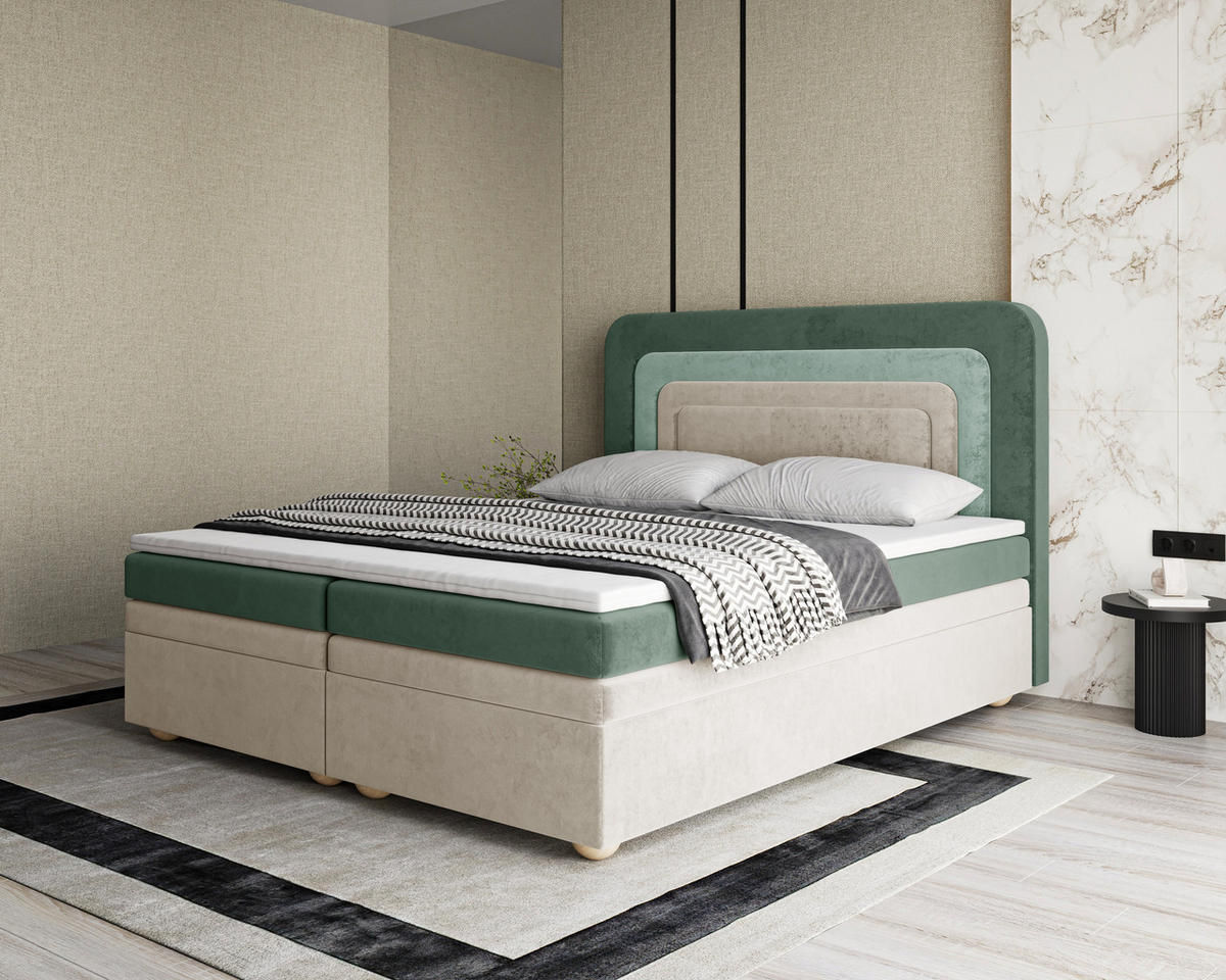 BOXBETT - Bett 10 NEST - Riviera - 140x200 cm - Modernes Polsterbett mit Bettkasten - Grün, Holz (140/200cm) - ROYAL24_MARKT