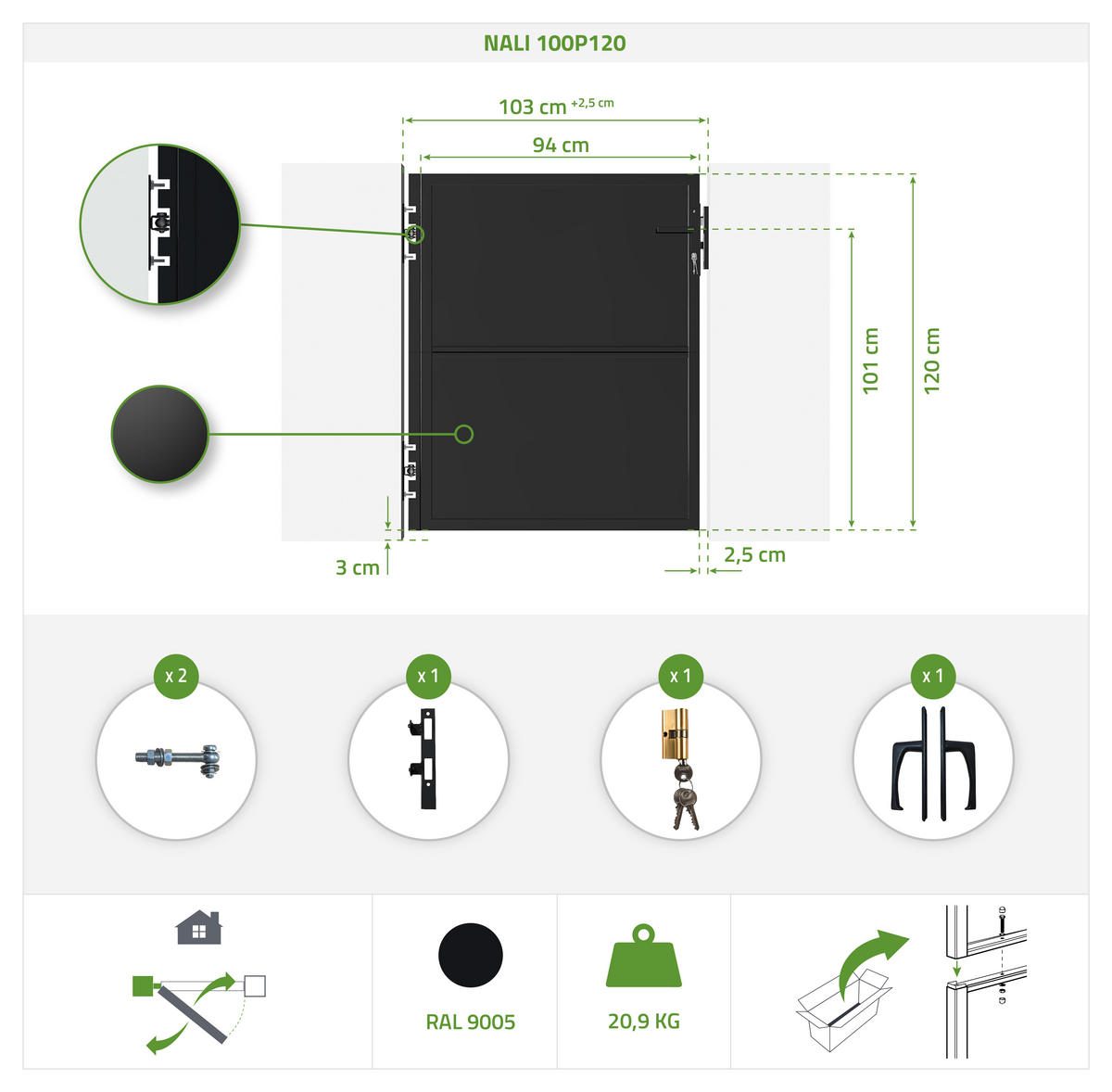 DREHTORPAKET Nali Mattschwarz 3m H.120cm + TOR 1m H.120cm - Schwarz, Metall (293/120cm) - Casanoov