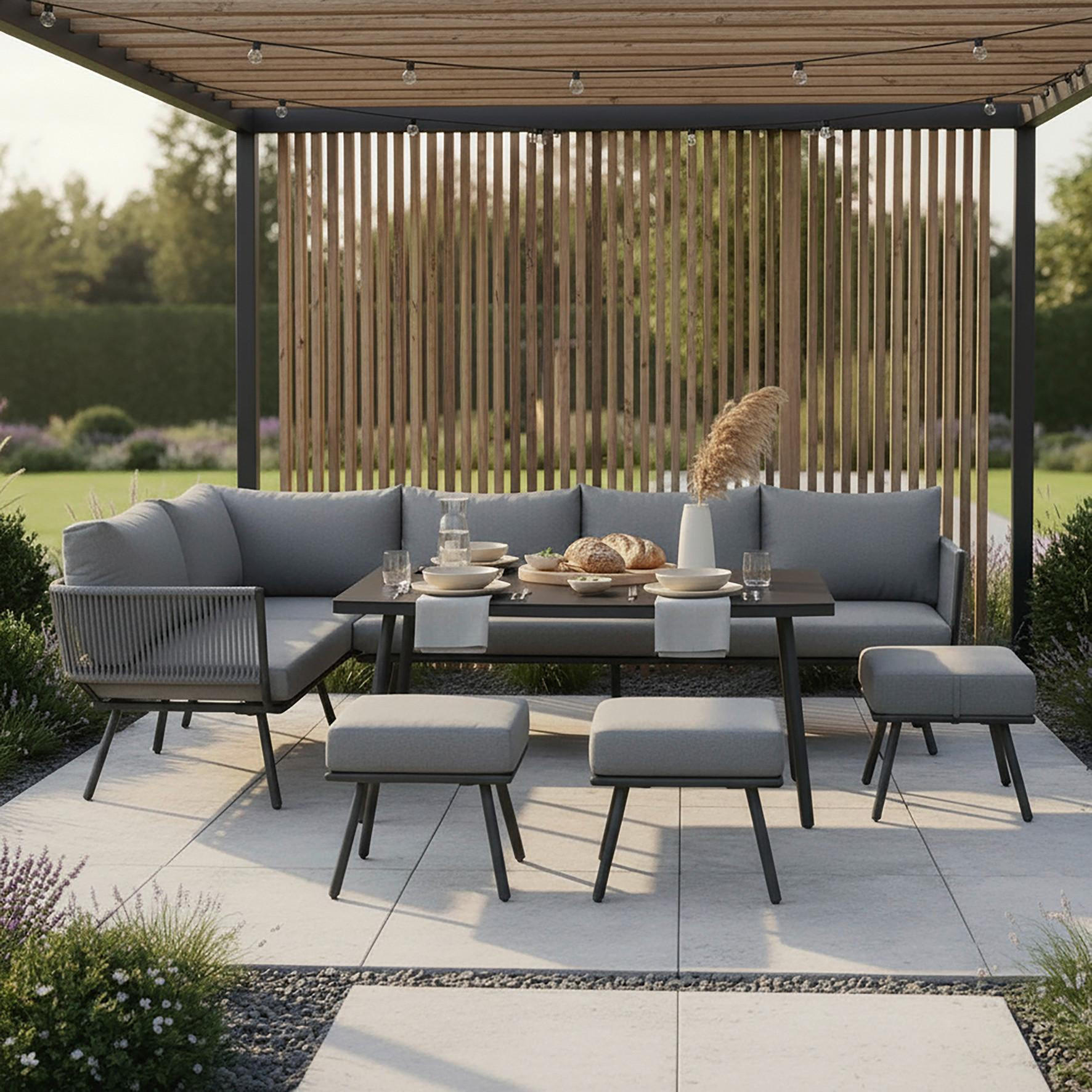 DINING-LOUNGESET Camilla Grau Outdoorstoff/Metall/Glas - Grau, Metall - Bessagi Garden