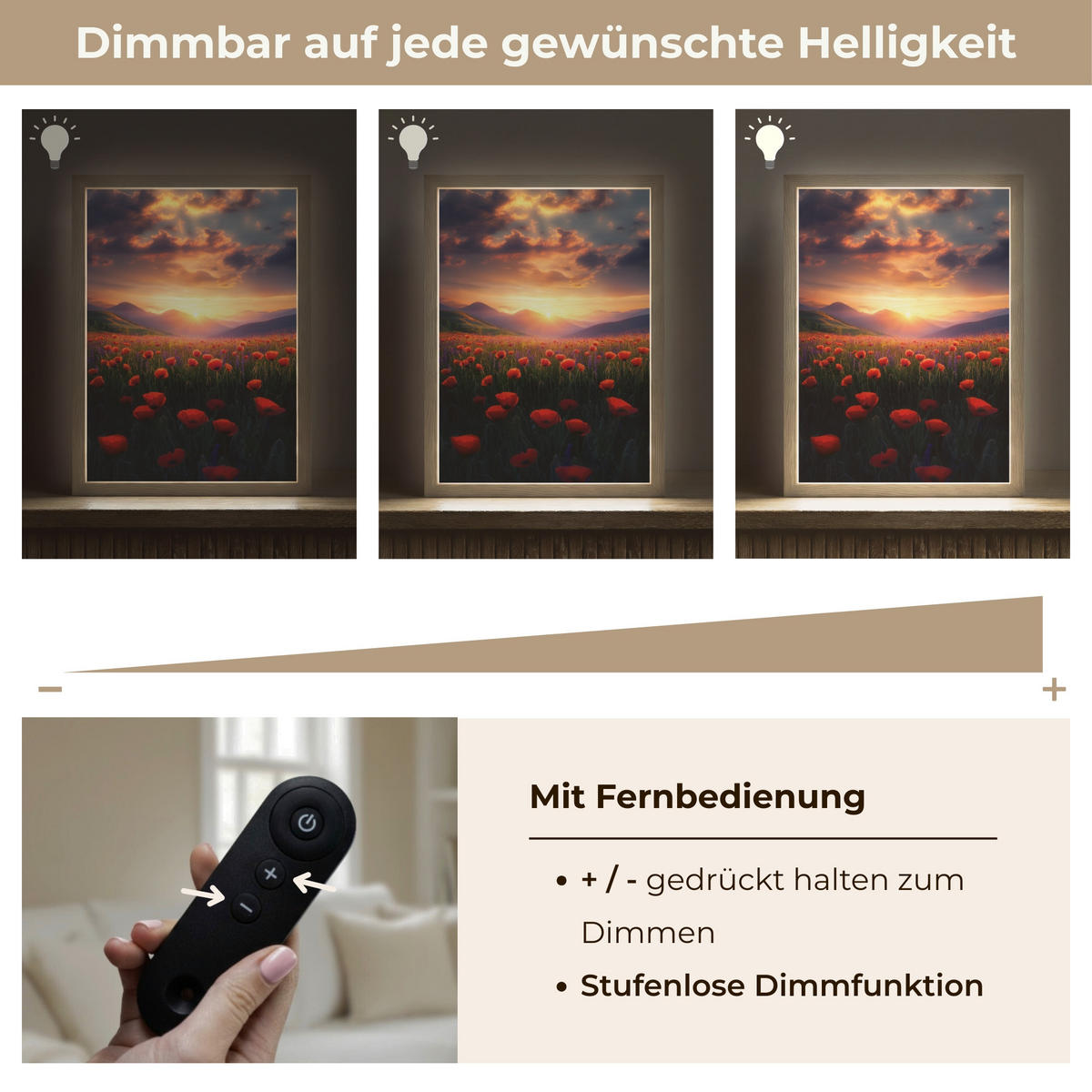 WANDLEUCHTE MIT AKKU Landschaft - Sonnenuntergang - Blumenfeld 30x40 cm - Rot, Holzwerkstoff (30/40/8cm) - OnlyWow