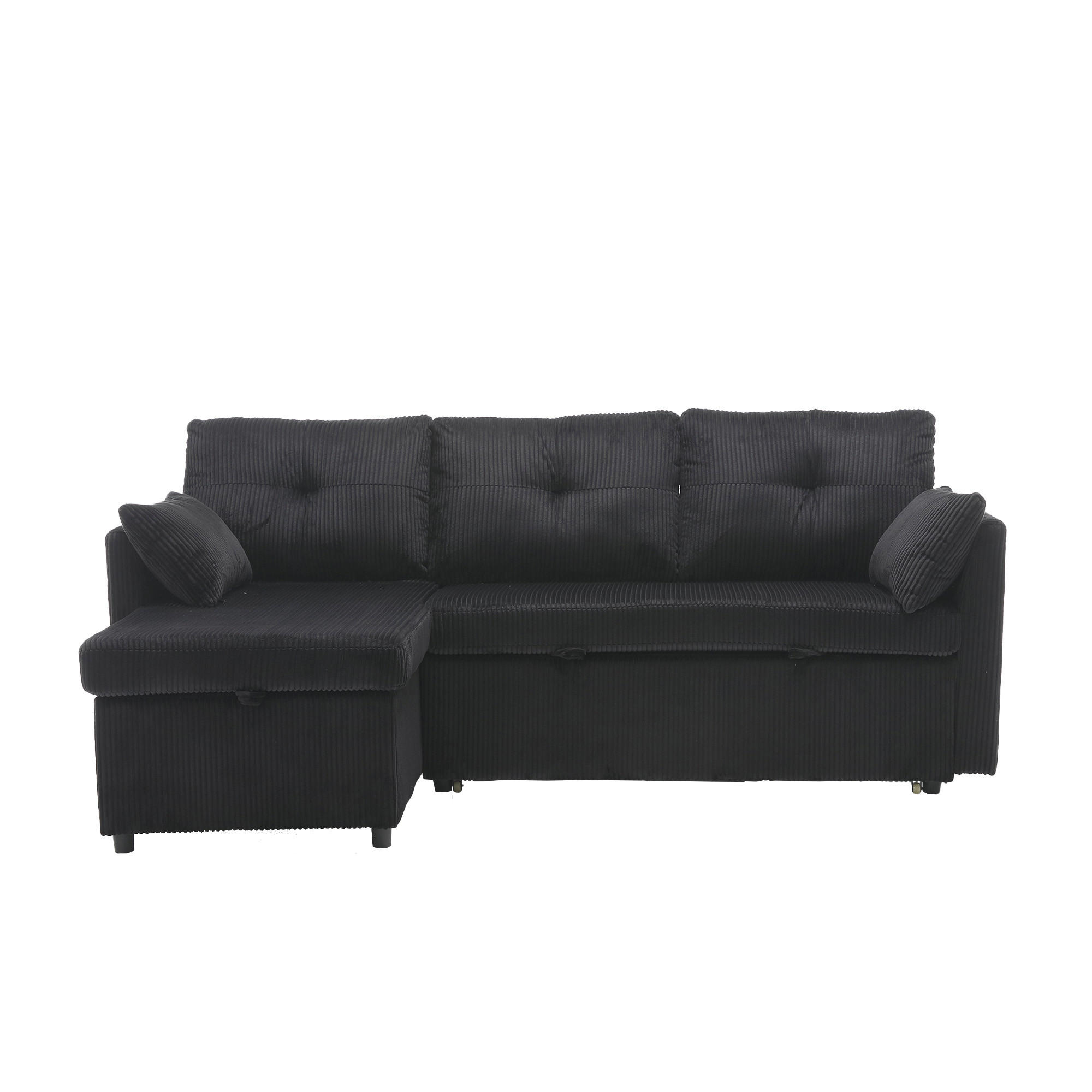 ECKSCHLAFSOFA Cord Schwarz mit Bettfunktion, Stauraum und mit Kissen - Schwarz, Holzwerkstoff/Textil (206/108cm) - WISHDOR