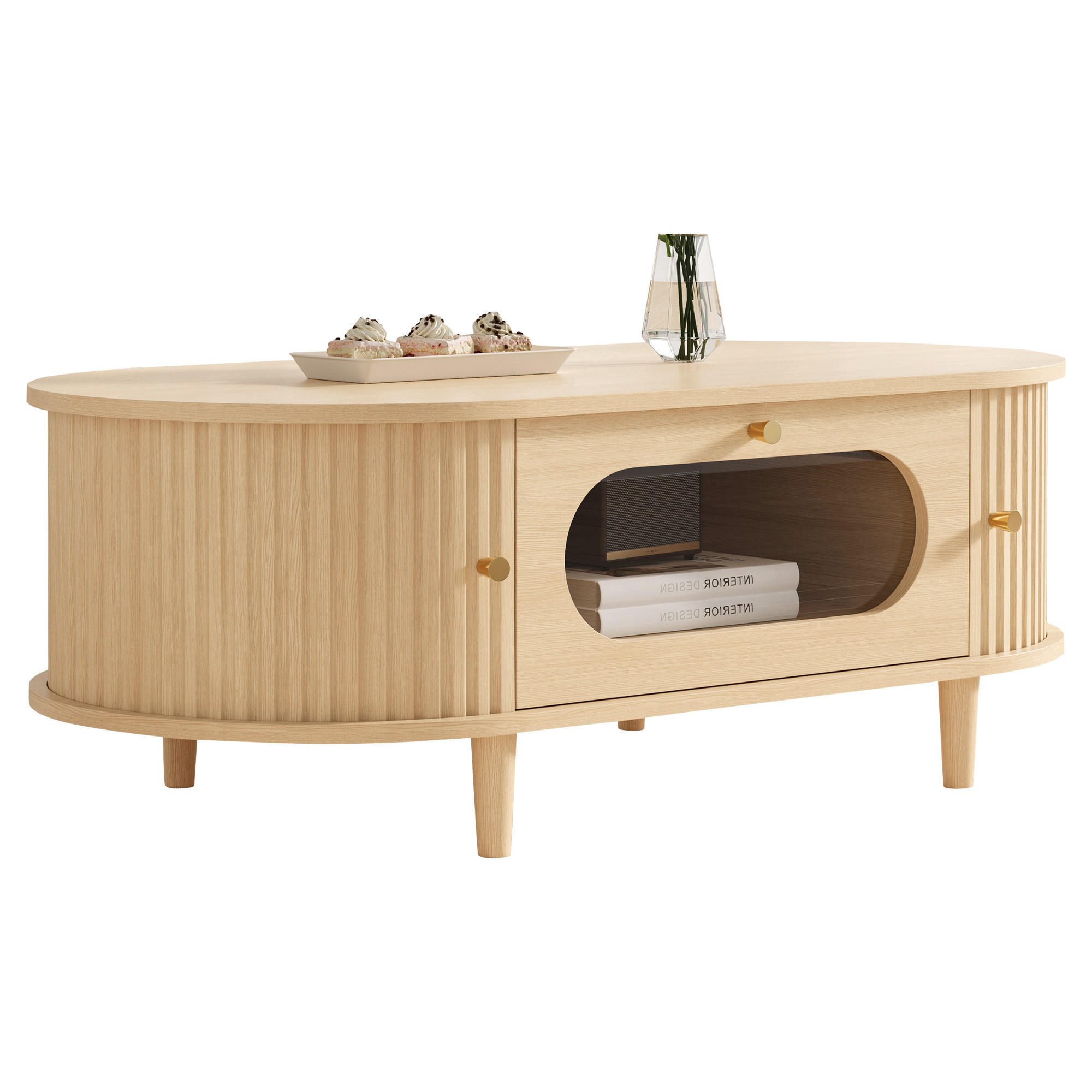 COUCHTISCH in Eichefarben Sofatisch mit Schublade und Rolltür, Sofa- und Beistelltisch mit 4 Stützbeinen, B100/T50/H36cm - Eichefarben, Glas/Holzwerkstoff (50/100/36cm) - STILVORA