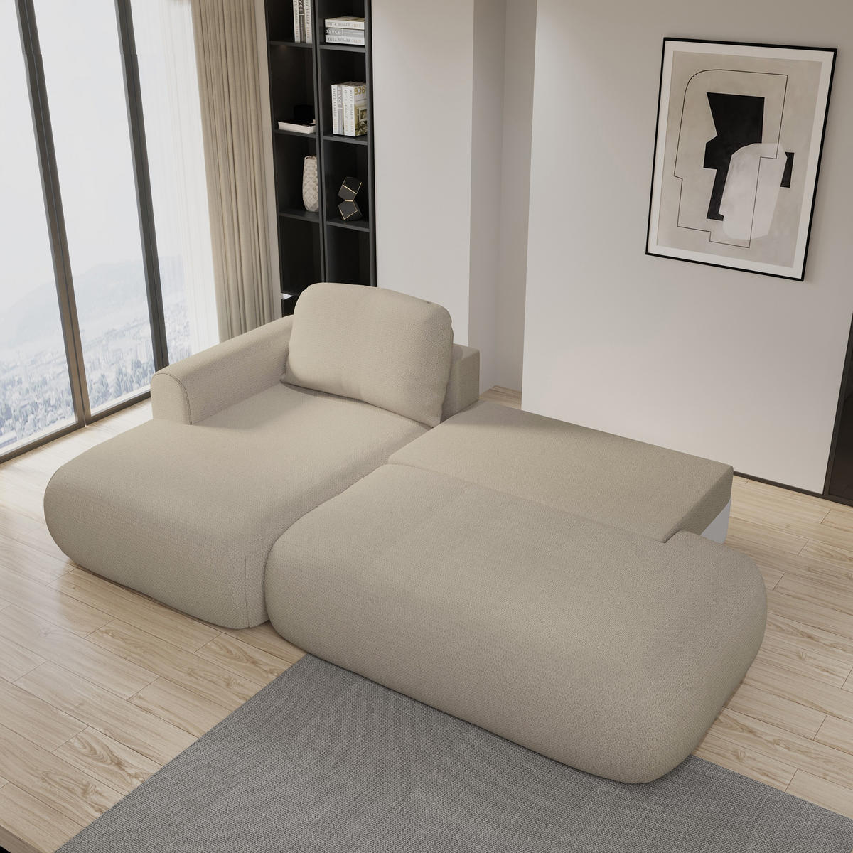 ECKSOFA NUVIRA L-S Beige Geflochtener Stoff mit Schlaffunktion - Beige, Holz (274/165cm) - MASSENO