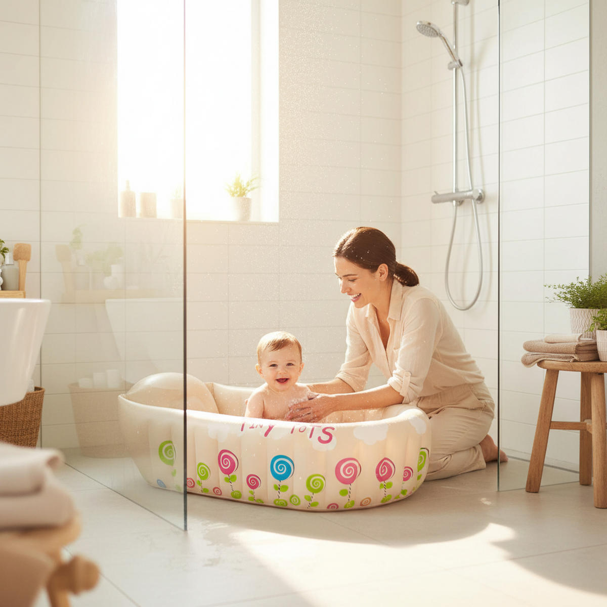 PLANSCHBECKEN Baby Badewanne aufblasbar 91 x 61 x 29 cm beige Temperaturanzeige - Beige, Kunststoff (61/91cm) - Avenli