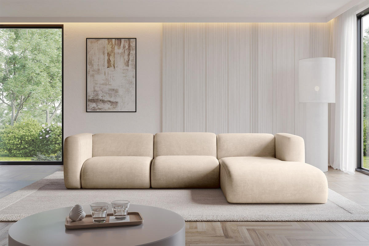 ECKSOFA Ottomane Rechts MIRA-L2 318x179x89 Beige Velours - Greige/Beige, Holzwerkstoff/Kunststoff (318/179cm) - ALTDECOR