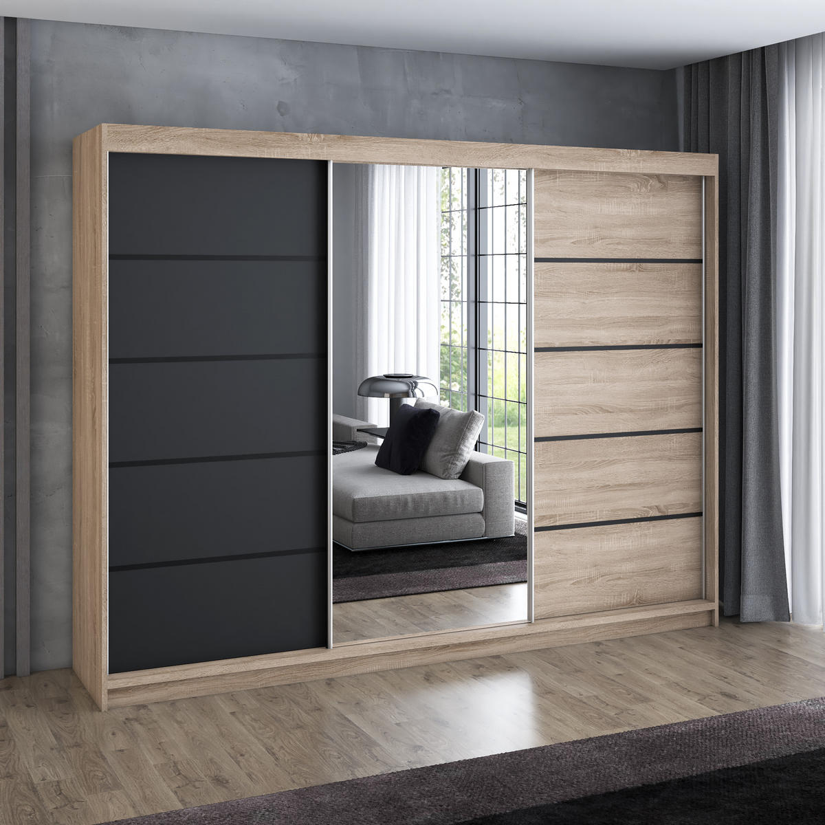 SCHWEBETÜRENSCHRANK 200 cm VILANO 2 Farbe: Sonoma, Schwarz, Sonoma - Schwarz/Braun, Holzwerkstoff (200/215/59.5cm) - A&J MöbelLand