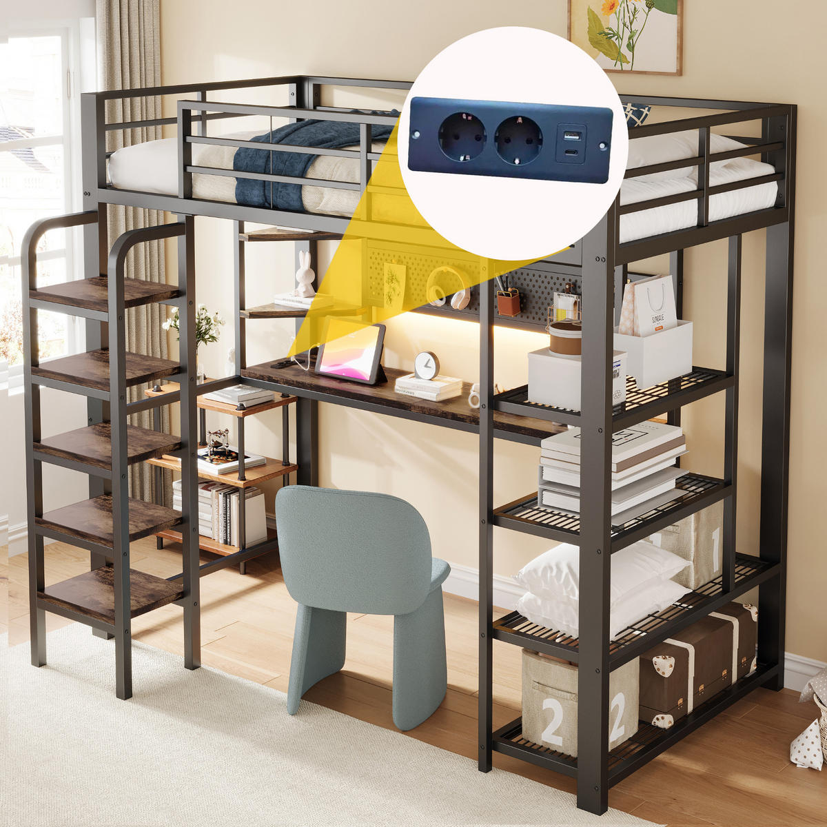 HOCHBETT 90/200 cm in Schwarz mit LED, Steckdosen und Ablage aus Metall & Holz - Schwarz, Holzwerkstoff/Metall (90/200cm) - CHICFURN