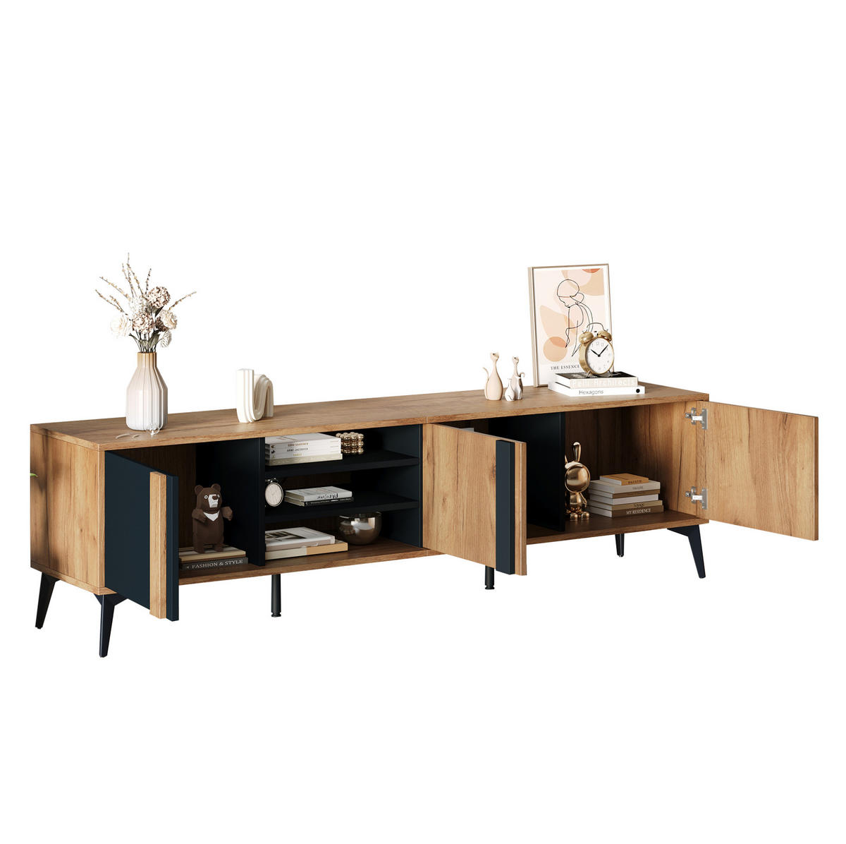 TV-SCHRANK 180/40/50 cm schwarz-braun Spanplatte mit 3 Türen und offenem Fach - Schwarz, Holzwerkstoff (180/50/40cm) - OKWISH