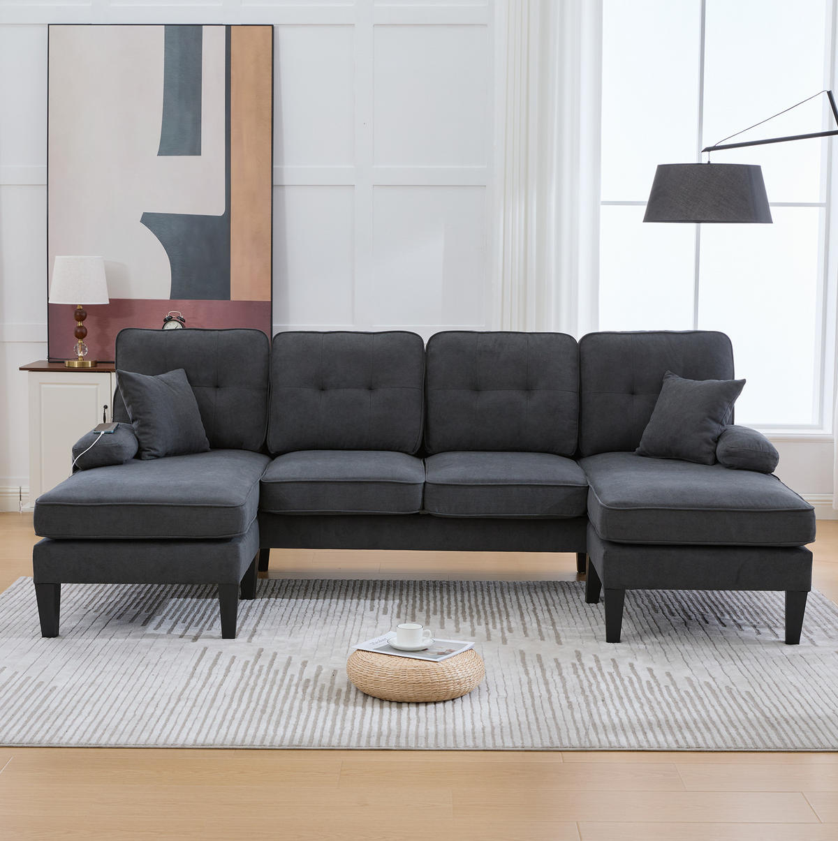 WOHNLANDSCHAFT aus Leinenstoff 250x130x88 cm in Dunkelgrau mit USB/Type-C - Dunkelgrau, Textil (130/88/250cm) - Modfu