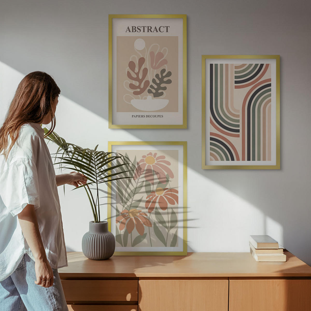 WANDBILDER 3er Set - 40x60 cm Goldrahmen - Abstrakte Pflanzen in Pastellfarben - Goldfarben, Kunststoff (40/60cm) - ArtPrintCave