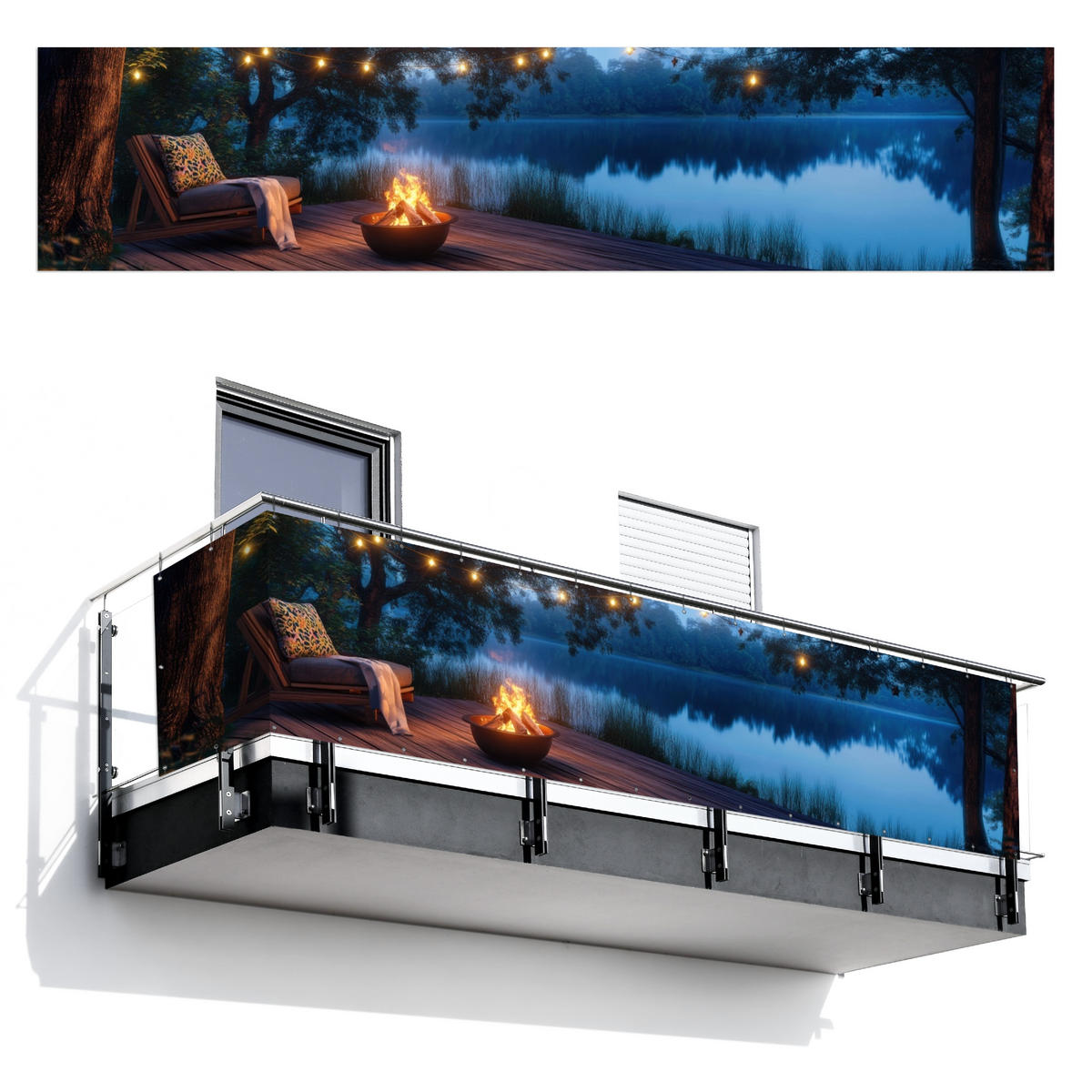 BALKON-SICHTSCHUTZ Lagerfeuer - See - Abendlicht - Dunkelblau, Kunststoff (500/110cm) - MuchoWow