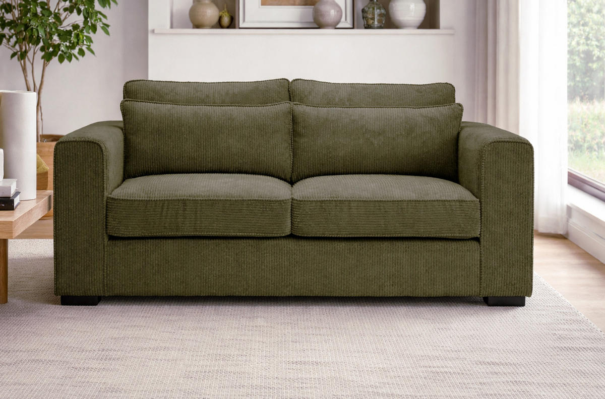 SOFA khaki Cord 2,5-Sitzer 200 cm, Couch mit Wellenfederung - Dunkelgrün/Schwarz, Holzwerkstoff/Kunststoff (200/92/112cm) - Inn.Furn