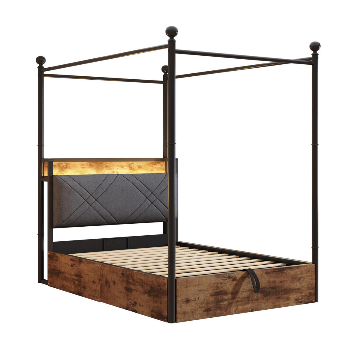 METALLBETT aus Metall 90x190 cm Schwarz mit LED, USB-/Typ-C und hydraulischem Bettkasten - Schwarz, Metall (90/190cm) - Modfu