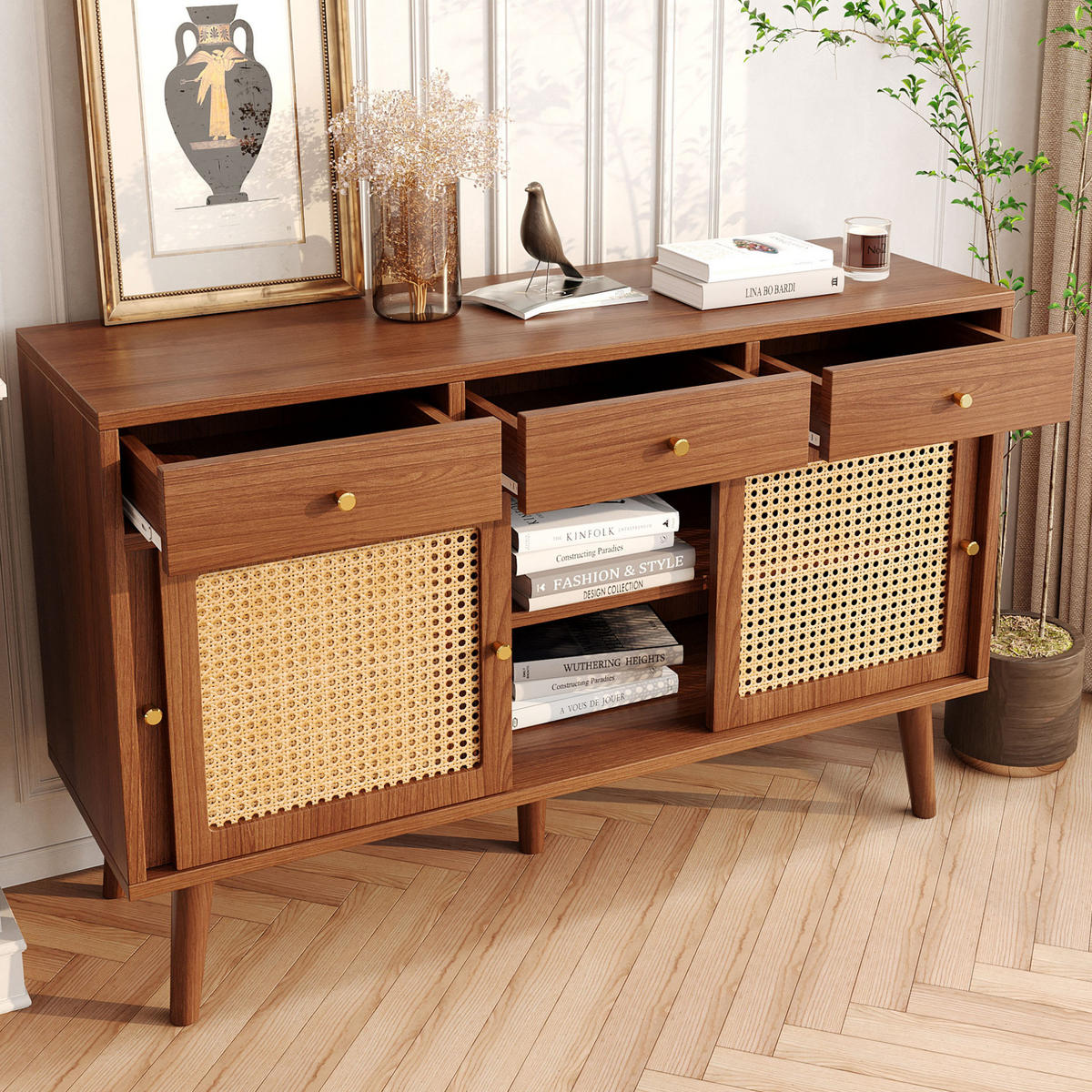 KOMMODE aus MDF 120x40x78cm in Walnuss mit 3 Schubladen & 3 Türen - Walnussfarben, Holzwerkstoff (120/78/40cm) - Modfu