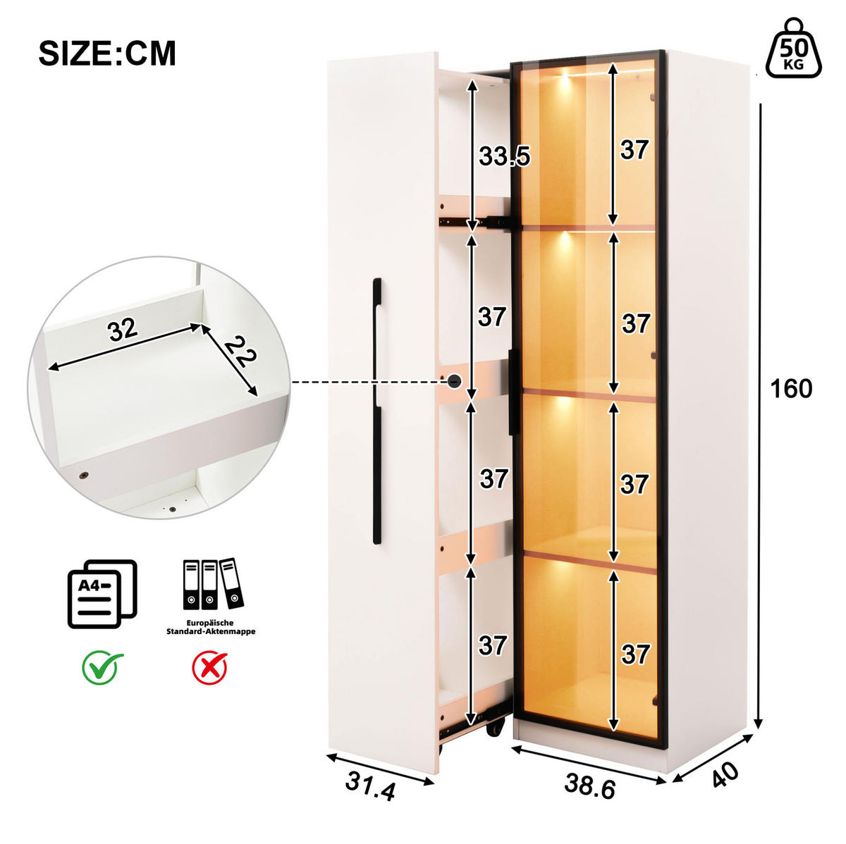 VIŠENAMJENSKI ormar 70/40/160 cm bijeli od MDF-a s izvlačnom policom LED rasvjetom i staklenim vratima - bijela, drvni materijal (70/160/40cm) - OKWISH