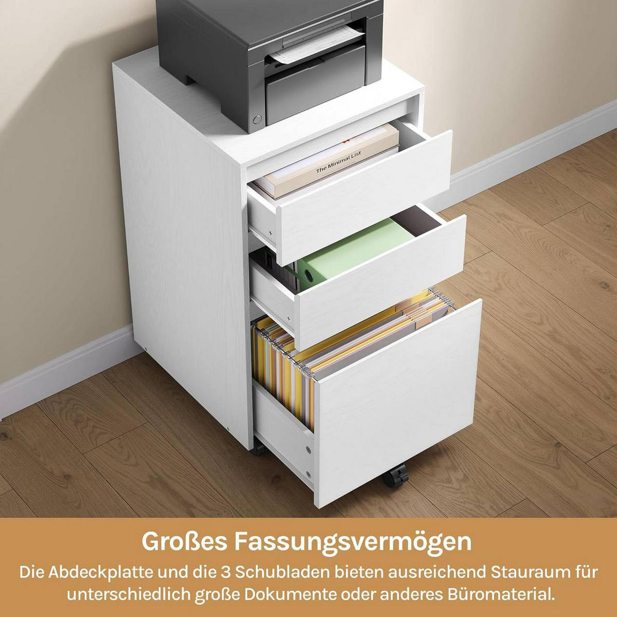 ROLLCONTAINER, Aktenschrank, 40x70x40 cm, Weiß+Schwarz - Weiß, Holzwerkstoff (40/70/40cm) - Woltu