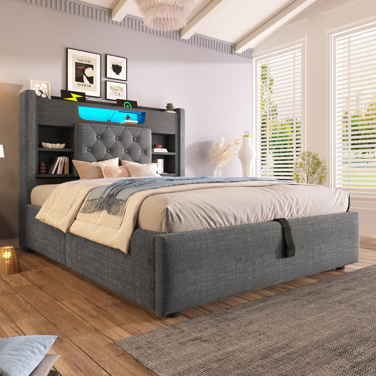 POLSTERBETT 90/200 cm in Grau mit LED, USB-C und Stauraum - Grau, Holzwerkstoff/Textil (90/200cm) - WISHDOR